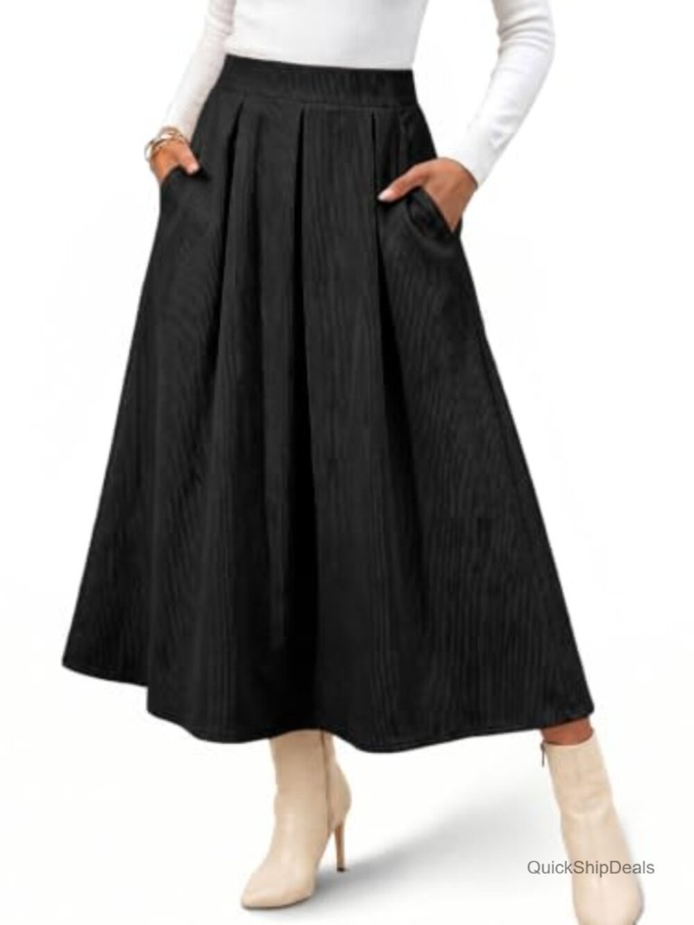 Womens Corduroy Maxi Skirt High Waist A-Line Pleated Long Skirt